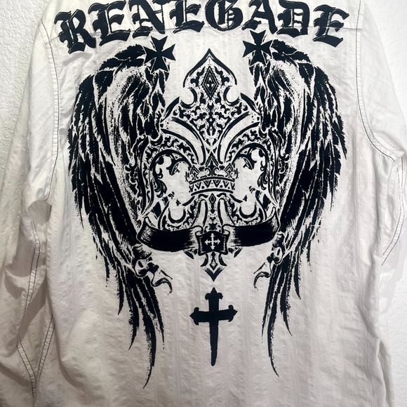 Raw State Shirt Mens Large White Graphic Renegade Goth Fleur de Lis Wings Cross - Picture 9 of 15